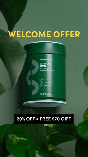 A high-conversion 9:16 vertical creative featuring a green product canister framed by leaves, emphasizing a clear welcome offer and incentive.